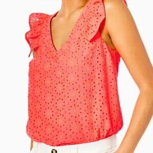 Lilly Pulitzer Lina Eyelet Top Neon Sunburst - Spicy Coral sz Large